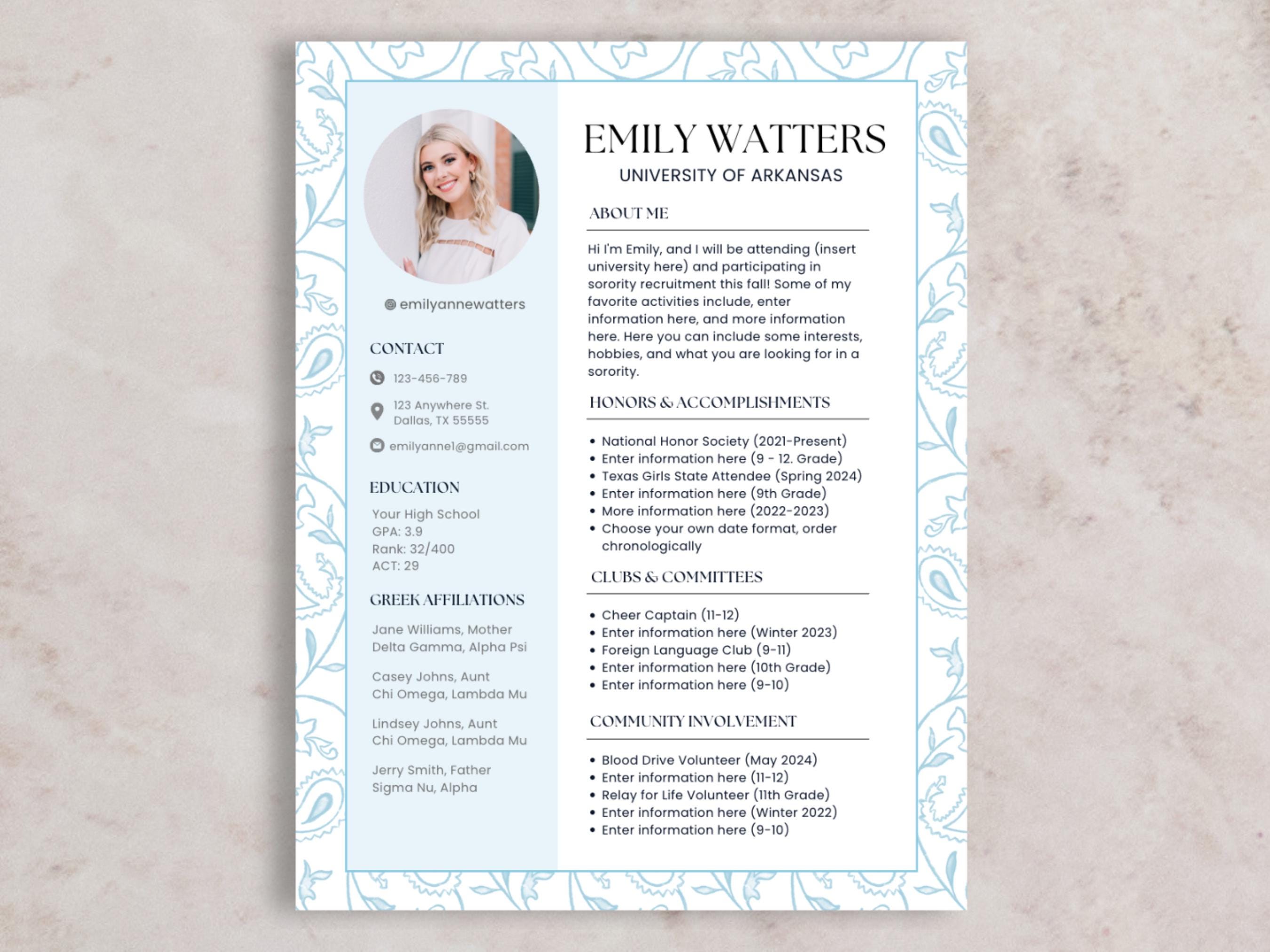 Floral Sorority Rush Resume with Photo + Cover Letter | Blue Canva Social Resume Template | Greek Recruitment | Editable Digital Download