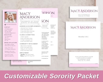 Sorority Resume Packet, Sorority Resume Template with photo, Pink Sorority recruitment pack, Printable