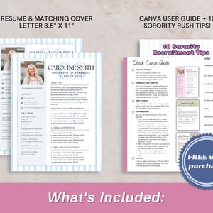 Classy blue striped sorority rush resume template editable in Canva, designed with clean lines, elegant fonts, and a timeless layout. Features sections for academics, leadership, honors, and involvement—plus space for a photo. Includes a matching cover letter and bonus rush tips from a sorority alumna. Perfect for PNM packets, sorority applications, and digital downloads for sorority recruitment 2025. A polished, professional look to stand out during rush.