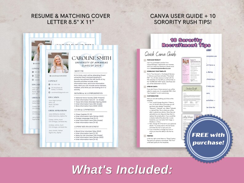 Classy blue striped sorority rush resume template editable in Canva, designed with clean lines, elegant fonts, and a timeless layout. Features sections for academics, leadership, honors, and involvement—plus space for a photo. Includes a matching cover letter and bonus rush tips from a sorority alumna. Perfect for PNM packets, sorority applications, and digital downloads for sorority recruitment 2025. A polished, professional look to stand out during rush.