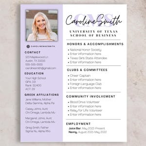 Plantilla de currículum y carta de presentación para hermandades moradas, currículum urgente con foto, plantilla editable de Canva, paquete de reclutamiento para hermandades, personalizable