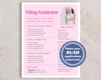 Pink Sorority Resume Template with Photo + Cover Letter | Canva Rush Template | Greek Life Recruitment | Social Resume for Rush | PNM Resume