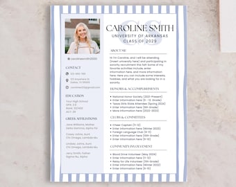 Currículum editable azul para reclutamiento de hermandades con foto + carta de presentación / Plantilla de currículum social de Canva / Reclutamiento griego / Descarga digital de Canva