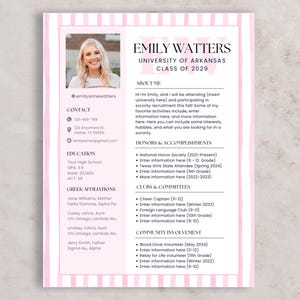 Currículum editable de Sorority Rush con foto y carta de presentación / Plantilla de currículum rosa para redes sociales / Descarga digital de reclutamiento griego y guía de Canva