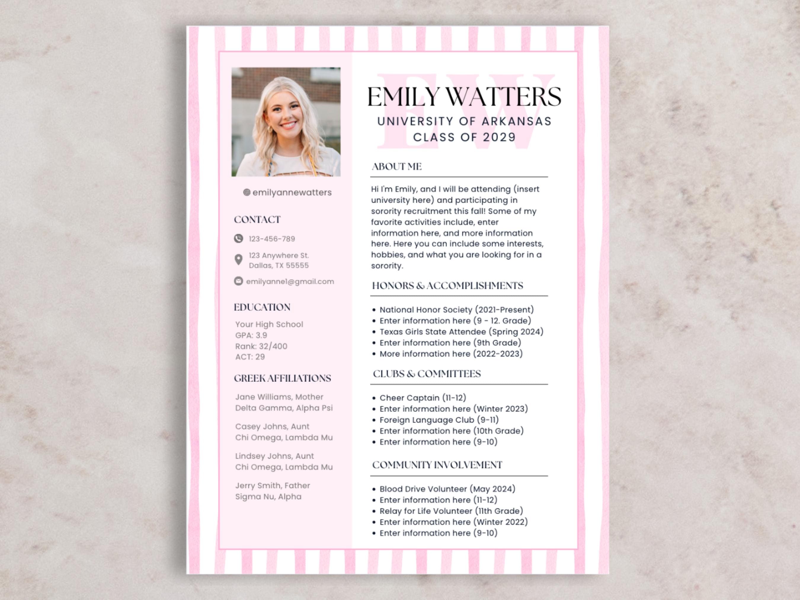 Sorority Rush Editable Resume with Photo + Cover Letter | Pink Social Resume Template | Greek Recruitment Digital Download and Canva Guide