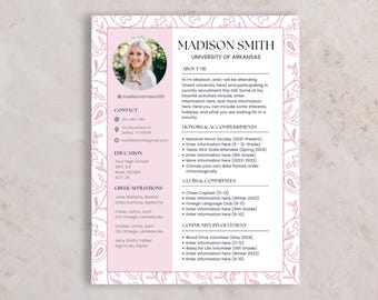 Sorority Rush Editable Resume & Cover Letter Template | Floral Pink Greek Recruitment Social Resume Canva