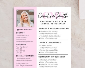 Sorority Resume Template and Cover Letter, Social Resume with Photo, Pink Sorority Resume Template, Sorority Rush Pack, Cute Social Resume