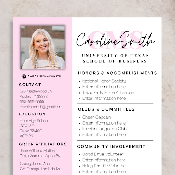 Sorority Resume Template and Cover Letter, Social Resume with Photo, Pink Sorority Resume Template, Sorority Rush Pack, Cute Social Resume