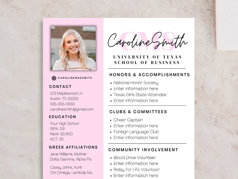 Sorority Resume and Cover Letter Recruitment Resume Template With Photo Sorority Resume and Cover Letter Recruitment Resume Template With Photo