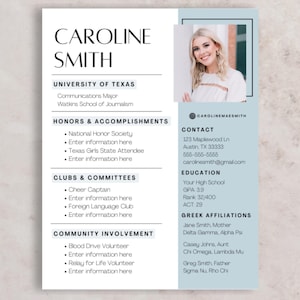 Sorority Rush Resume Template with Matching Cover Letter, Rush Resume with Photo, Social Resume Template, Canva Sorority Template