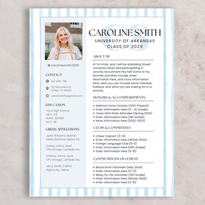 Currículum de Blue Sorority Rush con foto y carta de presentación / Plantilla de currículum social editable / Reclutamiento de Greek Life / Descarga digital de Canva
