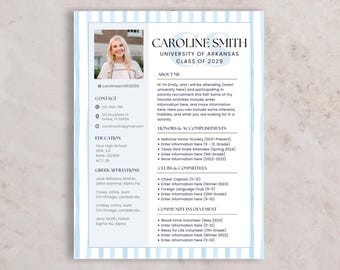 Blue Sorority Rush Resume with Photo + Cover Letter | Editable Social Resume Template | Greek Life Recruitment | Canva Digital Download