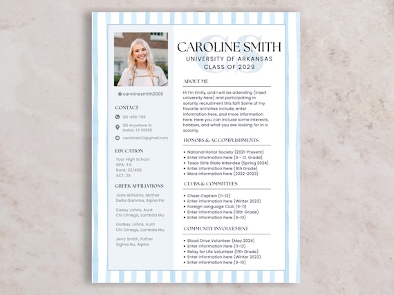 Blue Sorority Rush Resume with Photo + Cover Letter | Editable Social Resume Template | Greek Life Recruitment | Canva Digital Download