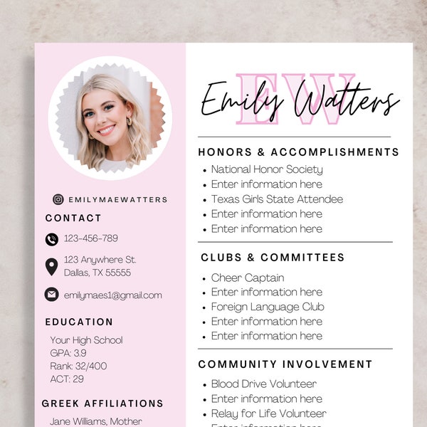 Unique Pink Sorority Resume Template | Social Resume and Cover Letter Template | Customizable Sorority Resume | Pink Resume with Photo