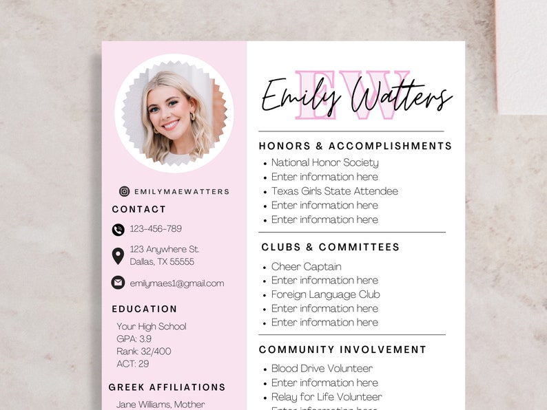 sorority rush resume with two cover letter options, canva user guide, canva resume template, sorority resume canva template, sorority rush resume, rush templates, sorority recruitment, pink sorority resume