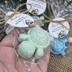 May include: Several small, turtle-shaped favors in clear plastic bags, tied with twine and tags that read "Thank you for celebrating Baby Emerson with us!" The turtles are light green and blue.
