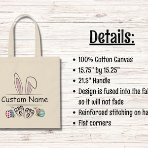 Pode incluir: Uma bolsa tote bege com um design de coelho e o texto "Custom Name". A bolsa &eacute; feita de lona de algod&atilde;o 100% e tem uma al&ccedil;a de 54,6 cm. A bolsa mede 40 cm por 38,7 cm.