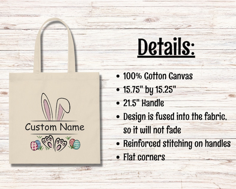 Pode incluir: Uma bolsa tote bege com um design de coelho e o texto "Custom Name". A bolsa &eacute; feita de lona de algod&atilde;o 100% e tem uma al&ccedil;a de 54,6 cm. A bolsa mede 40 cm por 38,7 cm.