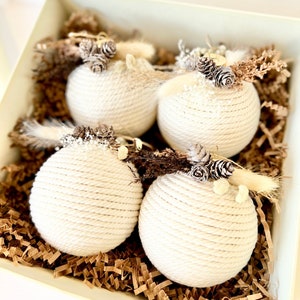 Handmade Rustic Christmas Ornaments, Set of 4, Yarn Wrapped Balls
