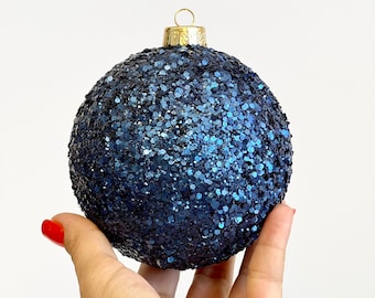 Handmade Navy Blue Glitter Christmas Ball Ornament