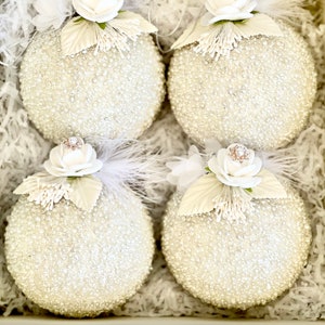 Handmade White Christmas Ball Ornaments: Set of 4
