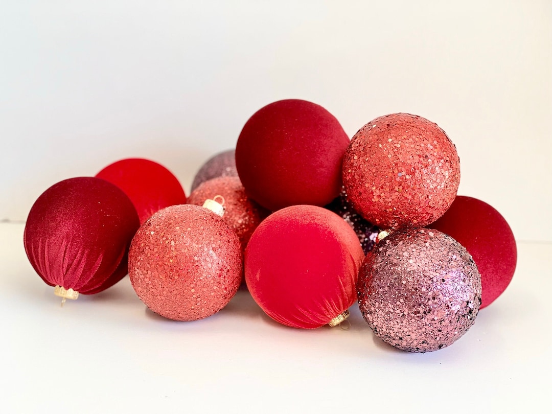 12 Pcs Red Christmas Handmade Balls, Christmas Decorations, Glitter