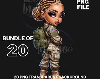 Dall- E3 Prompt With African American Chibi  Clipart Bundle |US Army Soldiers | African American, Chibi  For POD,  20 High-Resolution PNG