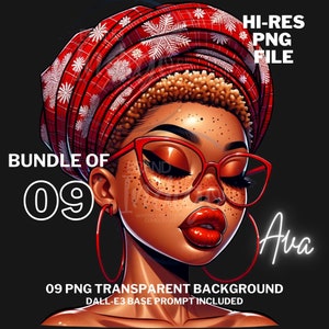 May include: A digital illustration of a woman with brown skin wearing a red and white patterned headscarf, red glasses, and large hoop earrings. The background is black with the text "HI-RES PNG FILE", "BUNDLE OF 09", "09 PNG TRANSPARENT BACKGROUND", "DALL-E3 BASE PROMPT INCLUDED", and "Ava" in white.