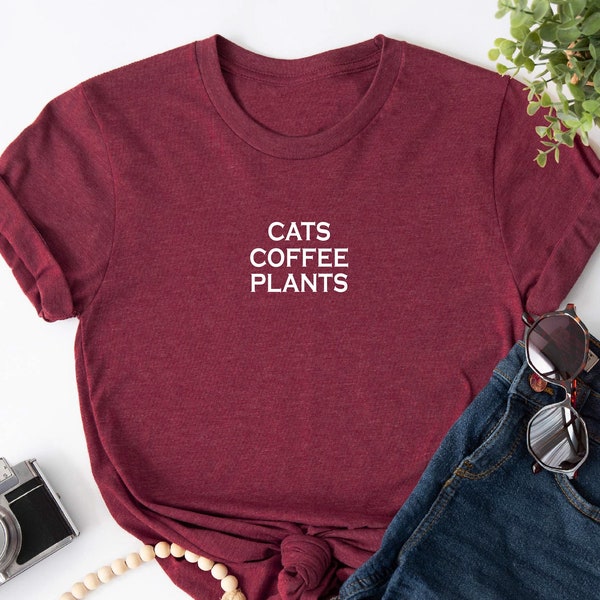 Minimalist Cats Coffee Plants Crew Neck Shirt, Unisex Houseplant Shirt, Cat Lover Tshirt, Coffee Lover Tee, Minimalist Apparel, Cats Gift