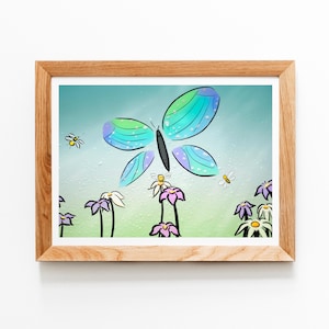 Stampa artistica di farfalle e bombi, arte murale da giardino primaverile, opera d'arte naturalistica stravagante, arredamento per la casa carino e accogliente