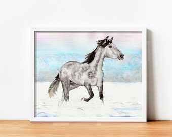 Snowy Horse Watercolour Art Print, Fine Art Painting Print, Original Artwork Print, Country Winter Landscape, Running Horse Wall Art Print