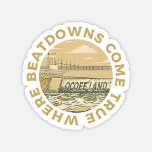 May include: A vintage-style illustration of a river with a dam and the words "Ocoee Land" on it. The illustration is surrounded by a circle with the text "Where true beatdowns come" in a gold color.