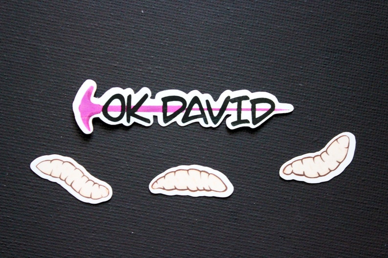 May include: A sticker set featuring the text "OK DAVID" in black and white with a pink arrow. Three worm-like stickers are also included, all on a black background.