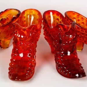 Vintage Fenton Cat Head Amberina Slippers + Fenton Glass Rose Slipper