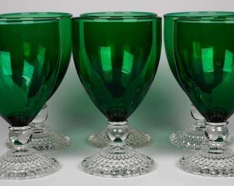 Vintage Anchor Hocking Emerald Green Bubble Foot Wine Glasses Sets of 6