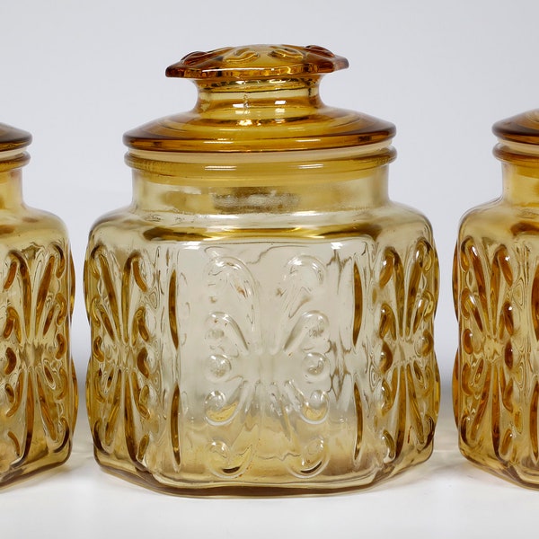 Vintage L.E. Smith Amber 5.75" Imperial Atterbury Scroll Glass Canisters-1970s (Sold Individually)