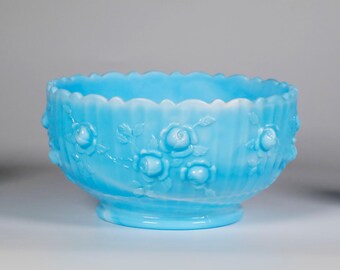 Vintage Fenton Blue Marble Glasschale + Zwei Kerzenhalter mit Cabbage Rose Design