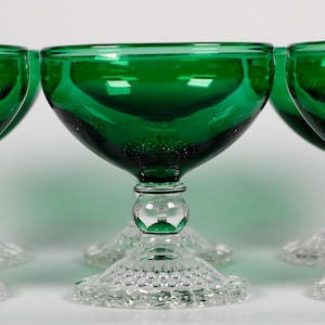 Vintage Anchor Hocking Emerald Green Bubble Foot Sherbet Glasses Sets of 6