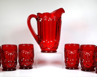 Vintage Weishar Moon and Star Full Size Ruby Red Pitcher & 6 Glasses-One Of Only 270 Made-1995