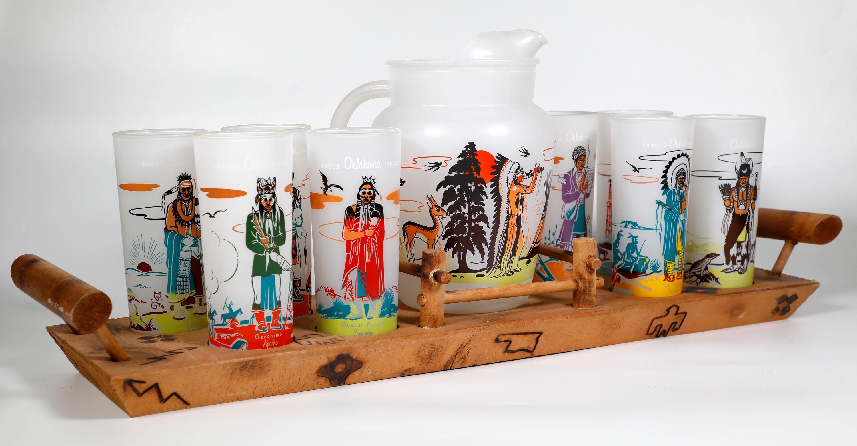 Acee Blue Eagle Famous Oklahoma Indians Pitcher, 8 Tumblers and