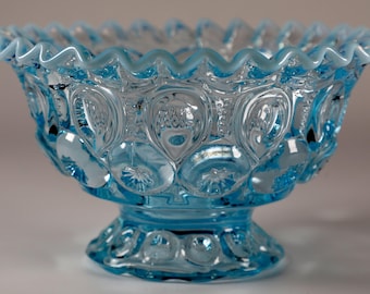 Vintage L E Smith Blue Opalescent Moon & Star Pedestal Bowl