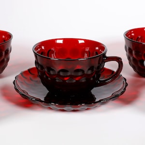 Vintage Anchor Hocking Royal Ruby Bubble Glass  Five Cups and One Saucer