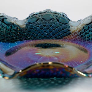 Vintage Indiana Glass Blue Iridescent Carnival Glass Diamond Point Ruffled Rim Plate