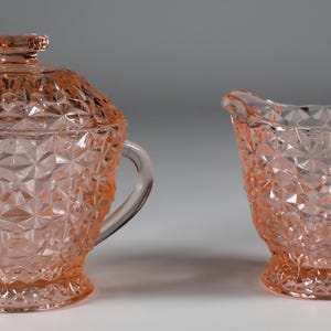 Vintage Pink Jeannette Glass Holiday &#39;Buttons & Bows&#39; Creamer and Covered Sugar