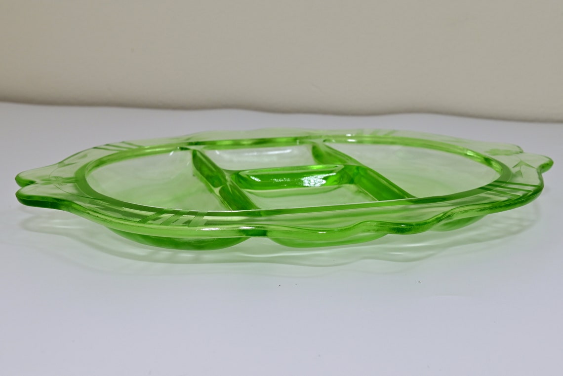 Vintage Green Uranium Depression Glass Divided Serving Tray Snack