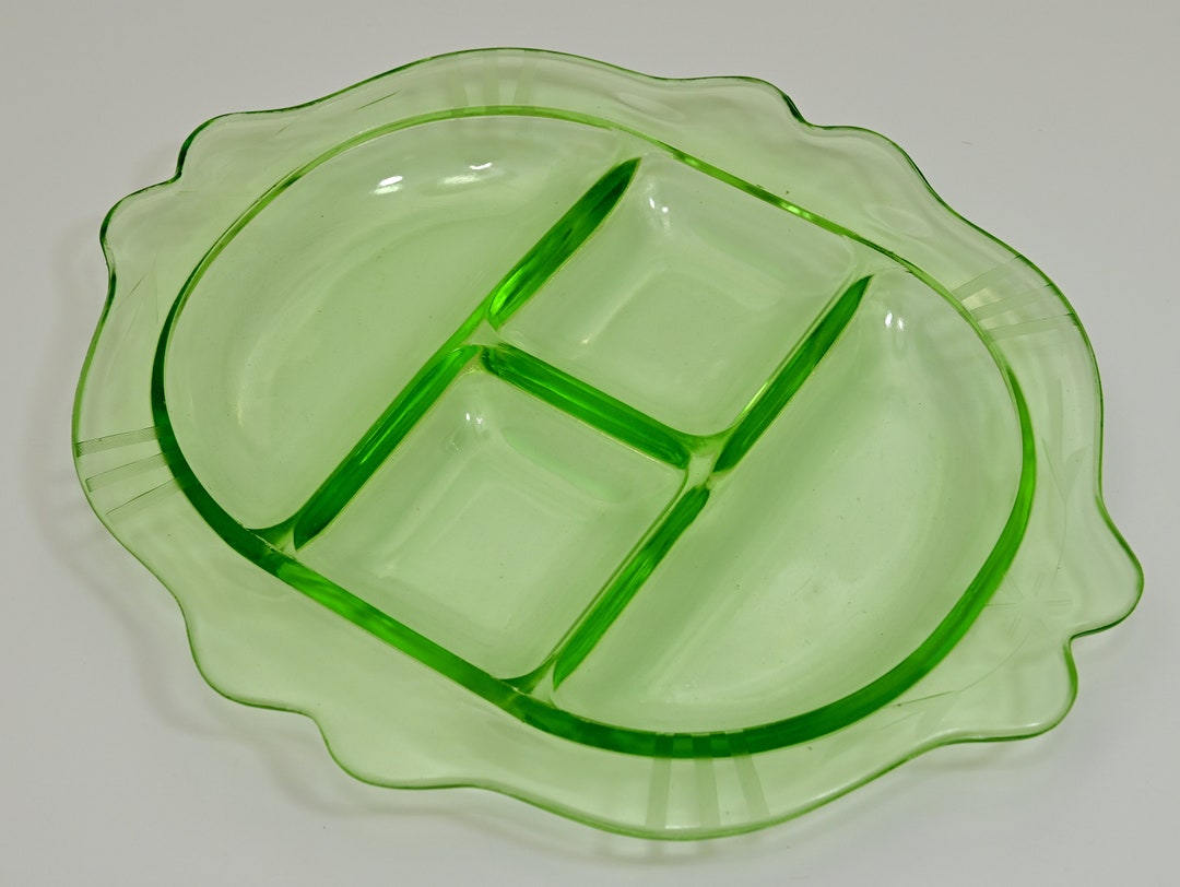 Vintage Green Uranium Depression Glass Divided Serving Tray Snack