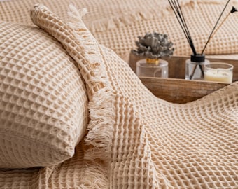Beige Waffle Blanket, Organic Cotton Bedspread Queen, Soft Cozy Turkish Blanket