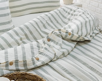 Breathable Muslin Duvet Cover, Luxury Gauze Bed Linen Set, Organic Muslin Comforter Cover, King Size Bedding Set, Cotton Quilt Cover