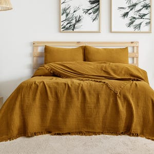 100 % Soft 4 Layer Gauze Blanket, Cotton Muslin King Bedcover, Organic Muslin Throw Blanket, OEKO-TEX Certified Bedspread, Turkish Blanket MUSTARD
