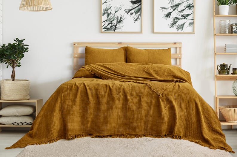 100 % Soft 4 Layer Gauze Blanket, Cotton Muslin King Bedcover, Organic Muslin Throw Blanket, OEKO-TEX Certified Bedspread, Turkish Blanket MUSTARD